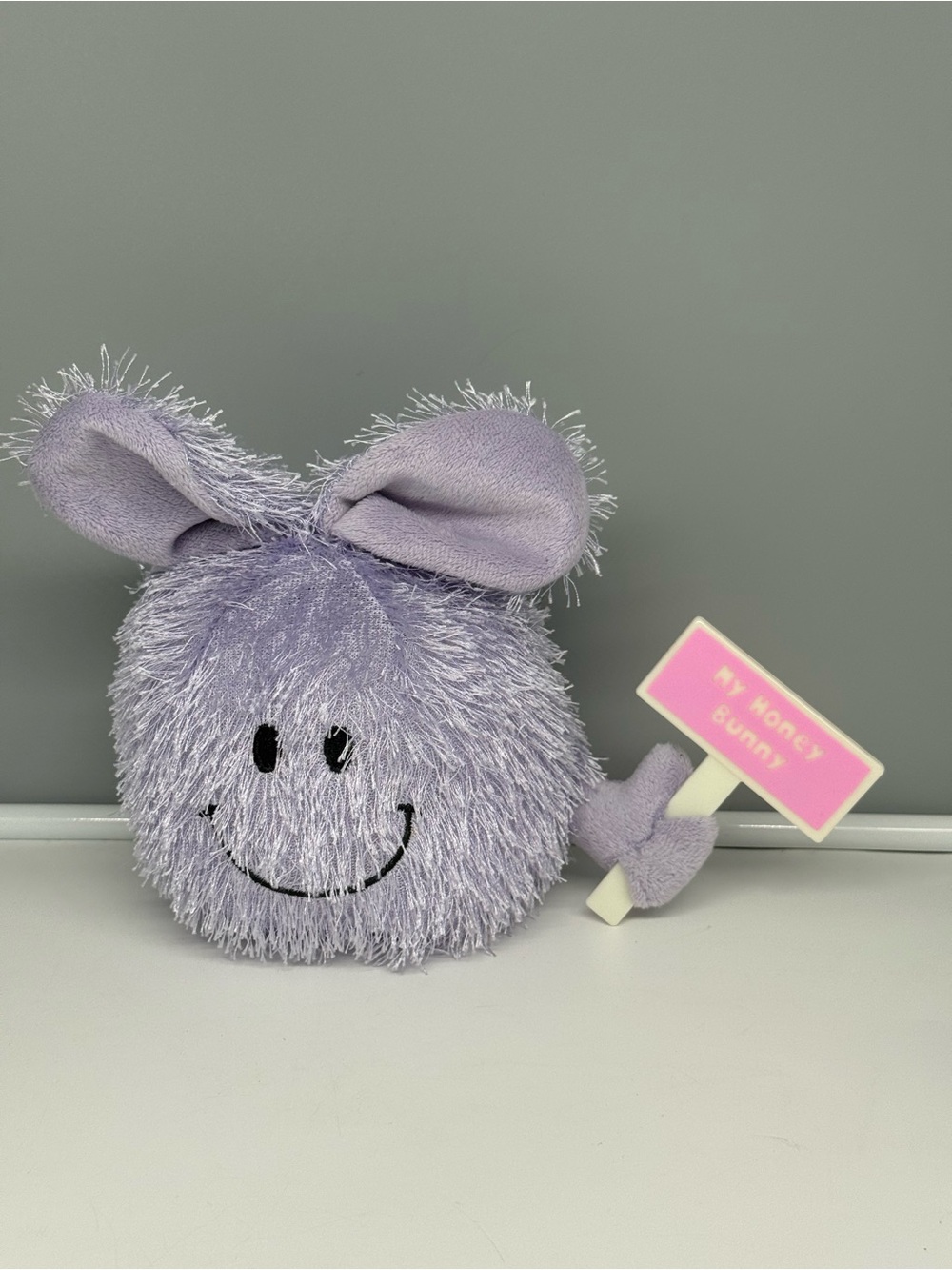 Vintage "Roly Poly" plush bunny rabbit holding pink sign reads "My Honey Bunny”